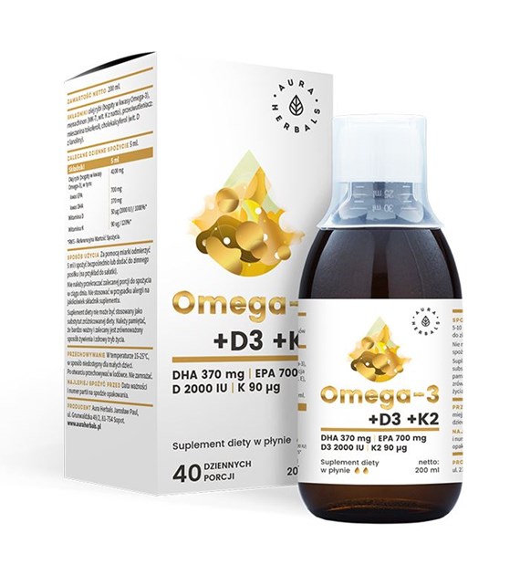 Aura Herbals Omega-3 + Witamina D3 2000IU + K2 MK-7 200 ml w płynie