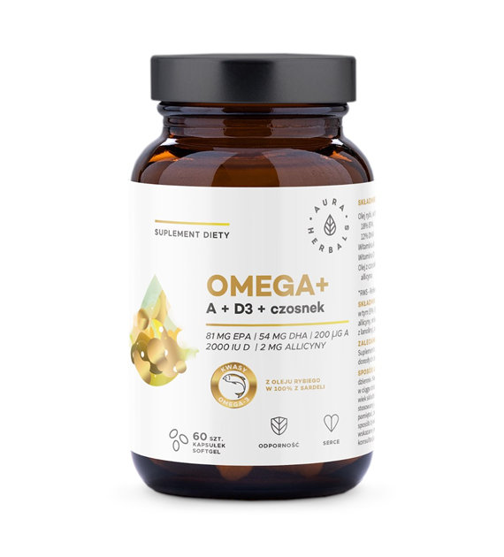 Aura Herbals Omega-3 + Witamina A + Witamina D3 2000 IU + Czosnek 60 kapsułek