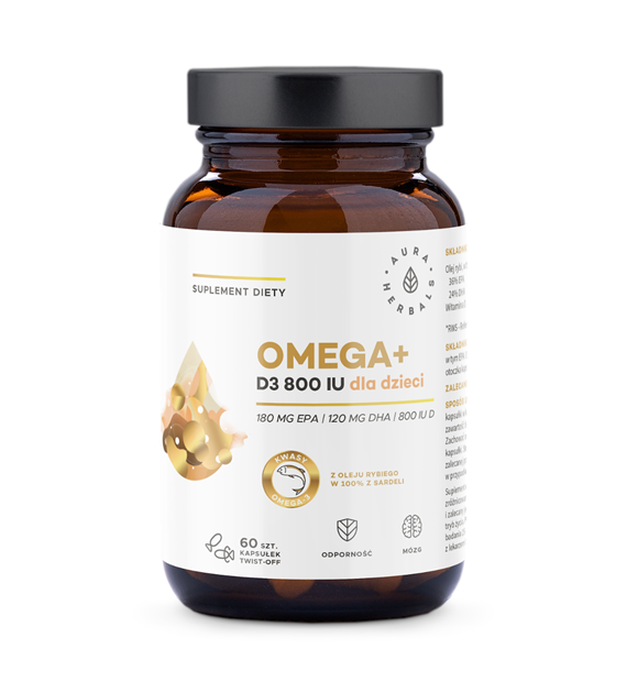 Aura Herbals Omega+ Witamina D3 800 IU dla dzieci 60 kapsułek twist-off